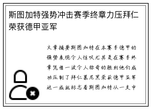 斯图加特强势冲击赛季终章力压拜仁荣获德甲亚军