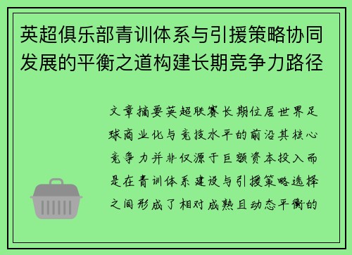 英超俱乐部青训体系与引援策略协同发展的平衡之道构建长期竞争力路径